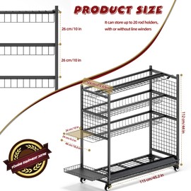 ztysn Fishing Rod Storage With 15 Hooks For Garage, 45.2in Extra Large Fishing Pole Holder Gear Organizer Rack Up To 20 Rods, Tackle Box Reel Storage Cart