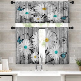 Tayney Daisy Kitchen Window Curtains Valance and Tier Set 36 Inch, Yellow Teal Butterfly Wooden Rustic Rod Pocket Short Tier Curtain for Bathroom, Farmhouse Small Cafe Drapes for Kitchen Decor