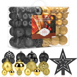Aitsite Pack of 101 Christmas Tree Baubles Black and Gold Christmas Baubles 6 cm / 4 cm / 2 cm Plastic Christmas Tree Decoration Wall Hanging Ornaments Christmas Tree Baubles Tinsel Door Decorations