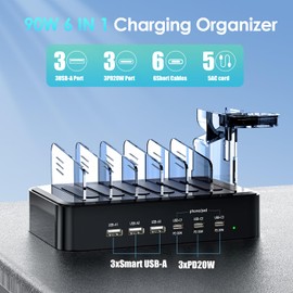 Phone Charging Station for Multiple Devices - 90W 6 Port Charging Station Organizer, 3PD 20W USB-C Fast Charging Dock for iPhones/iPads/Tablet/Kindles with 6 Mixed Cables, Air pod& Watch Holder