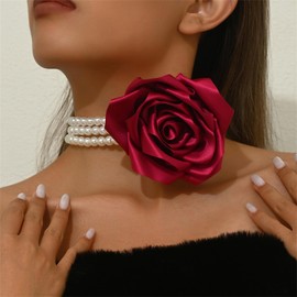 Large Flower Pearl Necklace,Vintage French Camellia Choker Charm Multi Layer Pearl Clavicle Fashion Statement Jewelry for Women (Red)