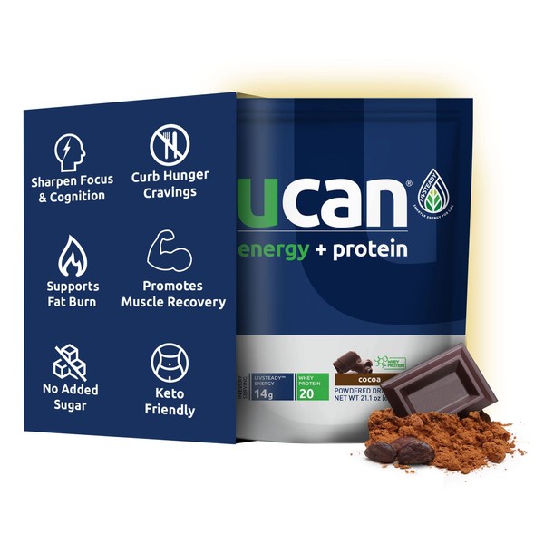 UCAN Energy + Whey Protein Powder - 19g Per Serving with Amino Acids EAAs & BCCAs - Keto Protein Powder - No Added Sugar, Gluten-Free - Cocoa - 12 Servings