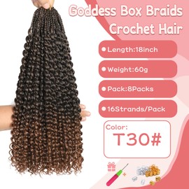 Goddess Box Braids Crochet Hair 8 Packs with Curly Ends Pre Looped Boho Water Wave Crochet Hair Deep Wavy Ends Gogo Curl Crochet Hair with Jerry Curly Extensions for Black Women (T30#, 18inch)