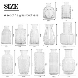 Set of 12 Glass Bud Vase Set, Small Vintage Clear Flower Vase Centerpieces for Table Bulk Cute Rustic Style Mini Vase for Home Decor Wedding Baby Shower Birthday Party