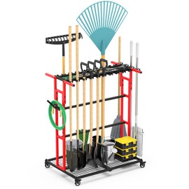 CCCEI Garage Organization with Wheels, Outdoor Gargen Yard Shed Tools Organizer Cart, Home Storage for Cleaning Supplies, Broom Holder, for Shovel and Rake, Long Farming and Farming Tools, Red.
