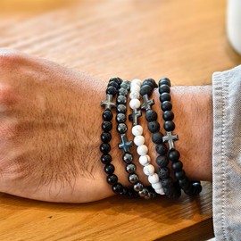 MOPOVO Bracelets For Men 7in Natural Stone Beads Bracelet Tiger Eye, Black Agate, Lava Rock Beaded Bracelet, Evil Eye Protection & Stylish Bracelet for Men Women's Jewelry Gifts