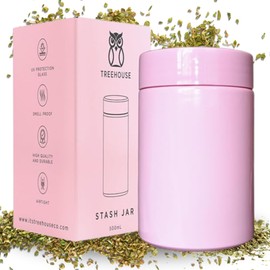 Stash Jar Smell Proof Container (500mL) for Herbs, Spices, Coffee, Teas & More, Double Sealed Air Tight Jar, Thick UV Protection Glass, Smell Proof Herb Storage, x2 Resealable Smell Proof Bags (Pink)