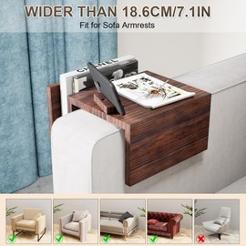 Couch Arm Table Tray with 360° Phone Holder Side Storage Pocket 3 in 1 Couch Armrest Table Wooden Clip-On Sofa Arm Tray Table for Living Room TV Dinners Eating Drinks Snacks (Brown)
