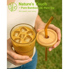 Zukro 13oz/400ml Glass Iced Coffee Cup with Bamboo Lid and Straw, Rubber Base, Reusable Thick Wall Cute Water & Juice Drinking Glass, Aesthetic Matcha Cups, Gift for Women, Amber 2 Pack