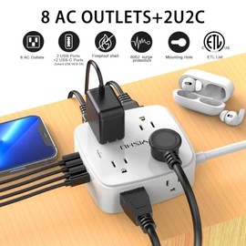 Regleta protectora de sobretensiones de 6 pies - 8 tomas ampliamente espaciadas con 4 puertos USB, extensor de 3 tomas laterales con cable de extensió