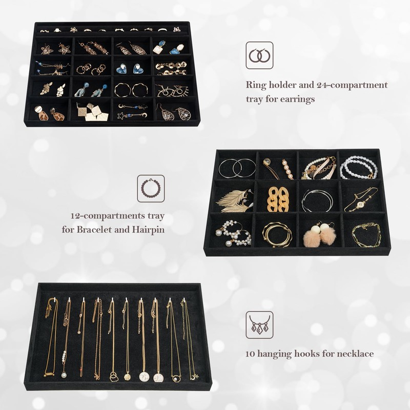 ProCase Stackable Large Jewelry Drawer Organizer, 3 Pack Velvet Jewelry