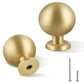 Yiking 4-Pack Solid Brushed Brass Cabinet Knobs, 1-1/8" (2.8cm) Diameter, Modern Hardware, Globe Kitchen Cabinet Drawers, Dresser Handles, Brushed Brass Finish.