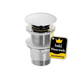 Bürstenking Sink Drain Fitting - Drain Valve with Hair Strainer - for Sink & Washbasin - 1 1/4 Inch Connection Thread - Push-Open Function - Without Overflow - 6 cm - Diameter 66 mm - Chrome White
