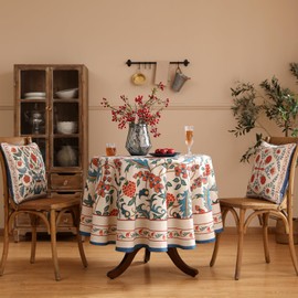 patdrea Designer Floral Linen Table Cloth Durable Breathable Tabletop Cover Dacorative Kitchen Dining Tablecloth for Round Tables for Kitchen Dining Parties,Holiday Christmas,Diameter 55"