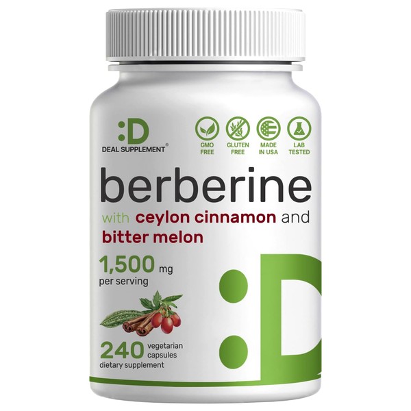 Berberine Supplement 500mg Per Capsule (1500mg Per Serving) | 240 Veggie Capsules, Plus Ceylon Cinnamon & Bitter Melon, 97% Berberine HCL, Support Glucose Metabolism & Weight Management
