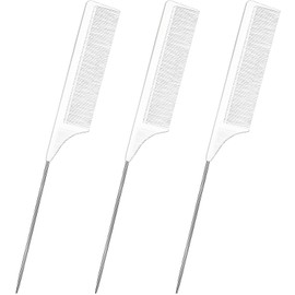 3 Pack Hair Rat Tail Combs Set, Parting Rattail, Teasing Fine Tooth Comb, Metal Hair Pick Detangling, Heat Resistant Carbon Fiber Teasing Comb, and Stainless Steel Pintail(White)