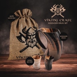 VIKING CRAFT® Drinking Horn Viking Jug 600 ml - Large Horn Jug Odin and 2 Viking Cups for Your Viking Mead Honey Wine - Horn Cup, Viking Decoration, Horn Set, Medieval, LARP, Bowls