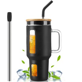 Kodrine Tumbler, 40 oz Glass Tumbler with Handle, Large Tumbler with Lid and Straw, Iced Coffee Cup Water Tumbler Fits Car Cup Holder, Time Marker Silicone Sleeve, Dishwasher Safe, Black