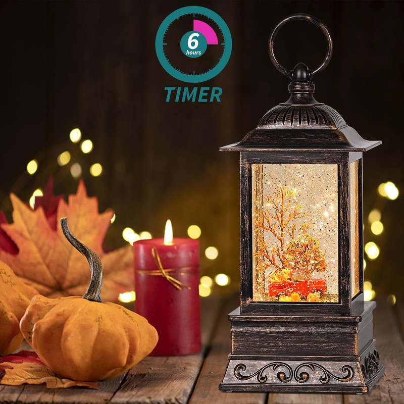 Fall Snow Globe Decorations, Glitter Red Truck Lantern with 6H