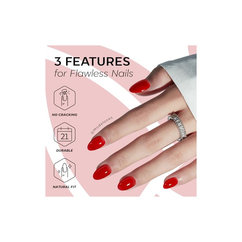 modelones Kit de uñas postizas semitransparentes ovaladas cortas en rojo