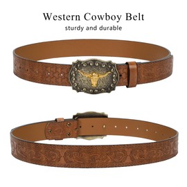 Eohak Western Leather Belt Cowboy Buckle for Men Women Jeans Engraved Floral Longhorn Bull Texas Buckle Belt (33-41 Inch Waist), brown