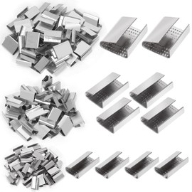 Swpeet 150Pcs 3 Sizes 1/2" 5/8" 3/4" Packaging Open (Snap-On) Seals Assortment Kit,Sturdy Metal Clips Banding Strapping Clips Strapping Metal Buckle for Strap Width Steel Strapping