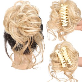 Messy Bun Hair Piece, Messy Hair Bun Scrunchies for Women Tousled Updo Bun Synthetic Wavy Curly Chignon Ponytail Hairpiece for Daily Wear (Golden, One size)