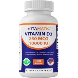 Vitamatic Vitamin D3 10000 IU (250 mcg) - 500 Softgels (Olive Oil Based), Non-GMO, Gluten Free in Cold-Pressed Mini Softgels