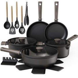 Astercook 18-Piece Pots and Pans Set, Nonstick Cookware Set with Elegant Wooden Handle, Oven Safe to 480°F, Induction Compatible, Camping and Picnic, Black