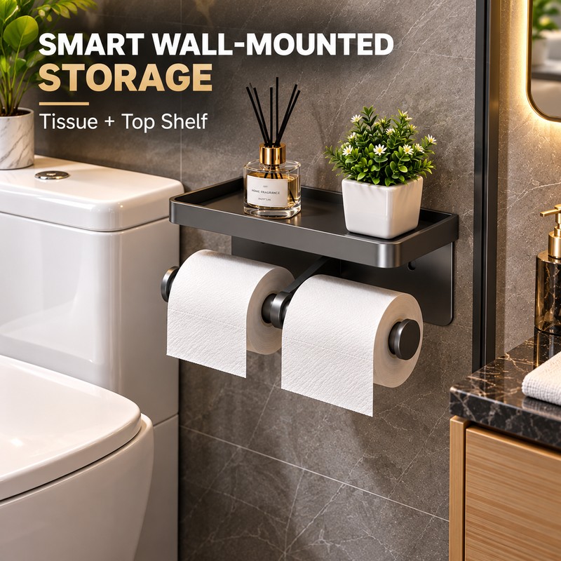 Wall Mounted Toilet Paper Holder with Storage Shelf – Black