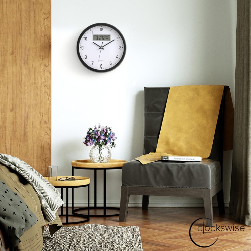 Clockswise 14-inch Wall Clock, Non-Ticking Analog & Digital with Temperature