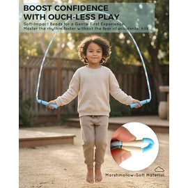 YUEDONG Ultra-Soft Beaded Jump Rope with Tangle-Free TPU Beads for Kids | Soft TPU beads, thumb-groove grip, rhythmic click sound, waterproof name tag