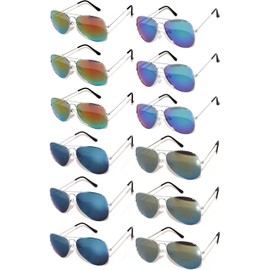 Aviator Silver Color Frame Eyeglasses Full Mirror Lens Blue, Blue-Green, Red, Yellow -12 Pack OWL ®.