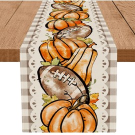 Fall Table Runner Pumpkins Football Leaves Buffalo Plaid Farmhouse Table Decorations Autumn Party Kitchen Dining Table Decor Supplies 13x108 Inch