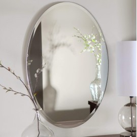 Mirrors and More Oval Frameless Beveled Polished Wall Mounted Mirror for/Bathroom/Kitchen/Vanity/Make-Up/ (3) D-Ring Hardware on Backer/Vertical or Horizontal 2-Way Hanging System, 24” x 36” Inch
