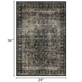 2x3 Black Area Rug for Entryway Kitchen Bathroom, Washable Vintage Neutral Rug, Non Slip Soft Low Pile Small Door Mat, Distressed Floral Indoor Carpet for Entrance Bedroom Living Room Home Decor