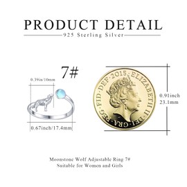 Wolfs Rings 925 Sterling Silver Moonstone Rings Adjustable Ring Animal Rings Gift Christmas Jewellery for Women, Sterling Silver