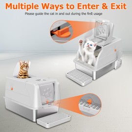 Stainless Steel Litter Box with Lid, 180° Flip-Top XL Extra Large Enclosed Litter Box for Big Cats, Front Entry Top Exit Kitty LitterBox, Metal Cat Box with Scoop & Step Board, Odor-Free, Anti-Leak