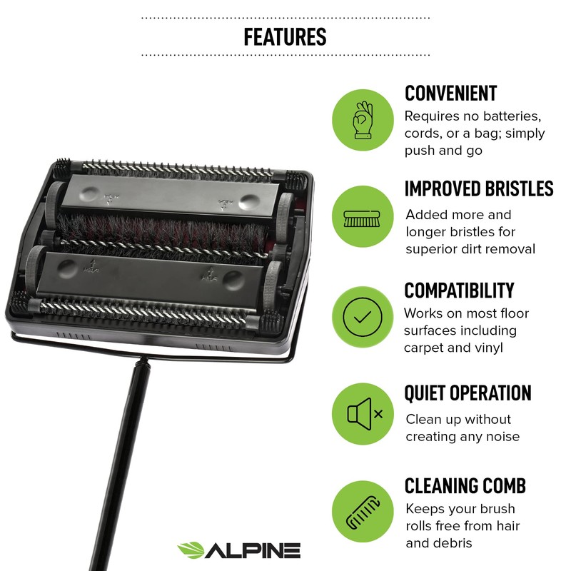 Alpine Manual Carpet Sweeper Triple Brush – Non Electric Multi-Surface