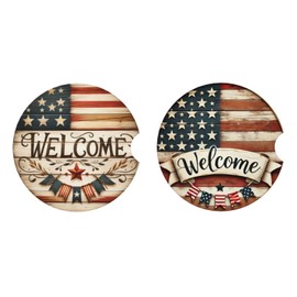 America Flag USA Flag Absorbent Car Coasters 2 Pack for Cup Holders, 2.56" Ceramic Stone & Non-Scratch Cork Base Drink Coasters