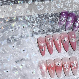 CHANGAR Butterfly Nail Stickers Aurora Rhinestone Butterfly Sticker for Nail， Nail Art Decals Ribbon Fairy Butterfly Stickers Nail Art Decorations for Women Manicure Accessories（5 Sheets）