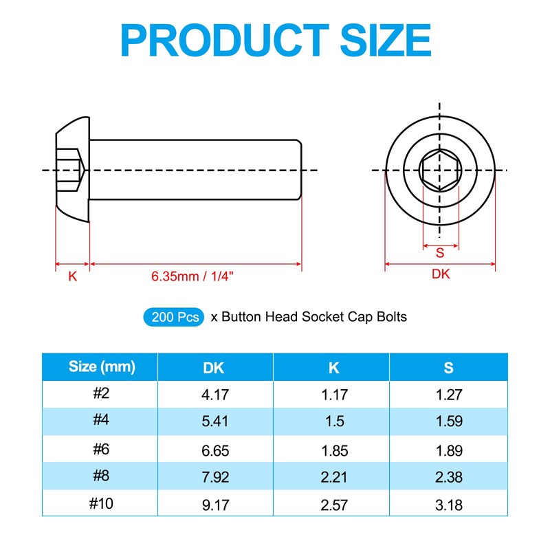 PATIKIL #4-40x1/4" ボタンヘッドソケットキャップボルト 200個 304ステンレススチール18-8 ソケットキャップボルト ボルトアレンヘックスドライブ フルスレッド UNC
