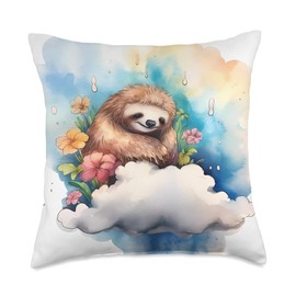 Sloth With Dream Cloud Showing Imagination Sloth Cloud. Sleep, Imagination, Dreaming Throw Pillow, 18x18, Multicolor