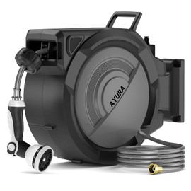 AYURA Retractable Garden Hose Reel, 5/8 inch x 66 ft Water Hose Reel Wall Mounted, UV Resistant Double Shell, Any Length Lock, Slow Auto-Rewind, 180°Swivel Bracket, 10 Pattern Nozzle