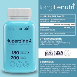 Huperzine A 200 Mcg 180 cápsulas vegetarianas | Hecho en Estados Unidos | Potente complejo cerebral nootrópico | Suplemento potenciador de la función 