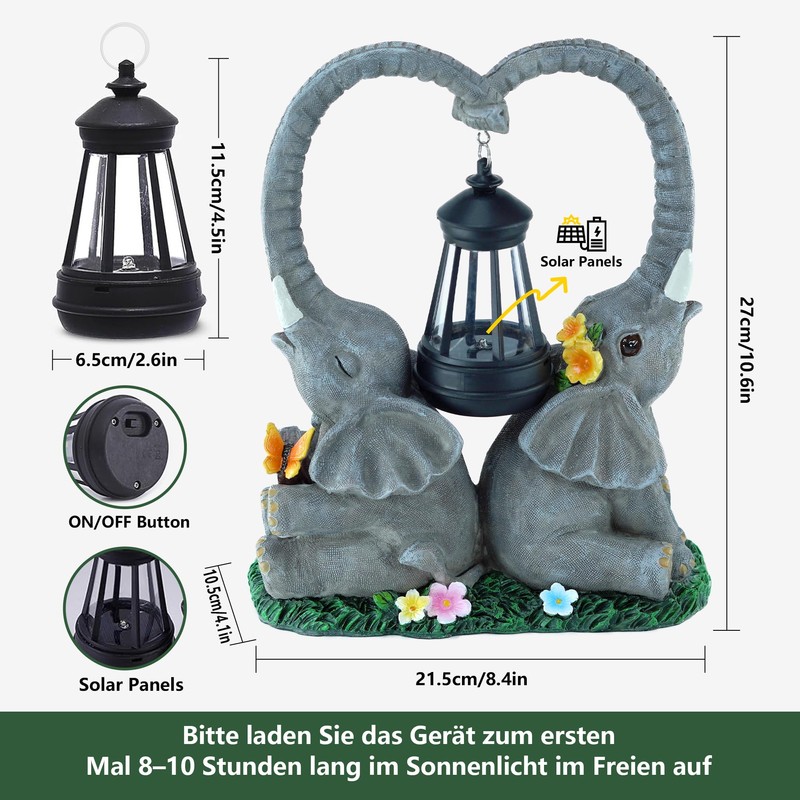 yiilead 10.6" Solar Elephant Garden Statue,Heart Elephant Lawn Decorations Outdoor,Unique