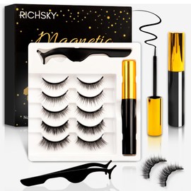 Richsky Magnetic Eyelashes, 3D Reusable Natural Magnetic Eyelashes Waterproof Set with 10ml Upgraded Hypoallergenic Magnetic Eyeliner Kit,Easy to Apply-No Glue (5 Pairs)