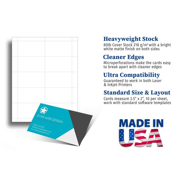 Heavyweight White Blank Business Card Paper - 100 Sheets / 1000 Business Cards - 80lb Cover / 218 gsm - Inkjet & Laser Printer Compatible - Standard 3.5 x 2 Inches
