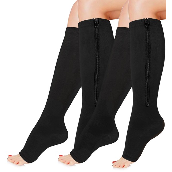 ACTINPUT 2 Pairs Compression Socks Toe Open Leg Support Knee High Socks with Zipper (Black, XXL)