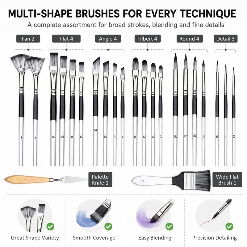 JYN‑ANREN 24Pcs Paint Brush Set, Professional 9 Shapes: Wide Flat,